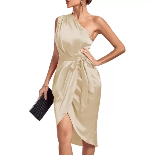 LYANER Women's Satin One Shoulder Shoulder Ruched Sleeveless Split Wrap Hem Self Belted Midi Dress