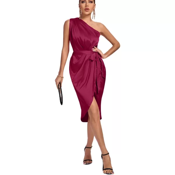 LYANER Women's Satin One Shoulder Shoulder Ruched Sleeveless Split Wrap Hem Self Belted Midi Dress
