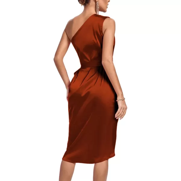 LYANER Women's Satin One Shoulder Shoulder Ruched Sleeveless Split Wrap Hem Self Belted Midi Dress