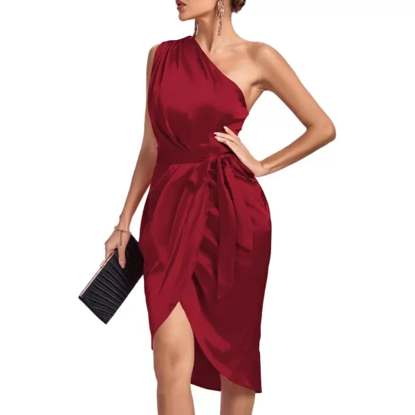 LYANER Women's Satin One Shoulder Shoulder Ruched Sleeveless Split Wrap Hem Self Belted Midi Dress