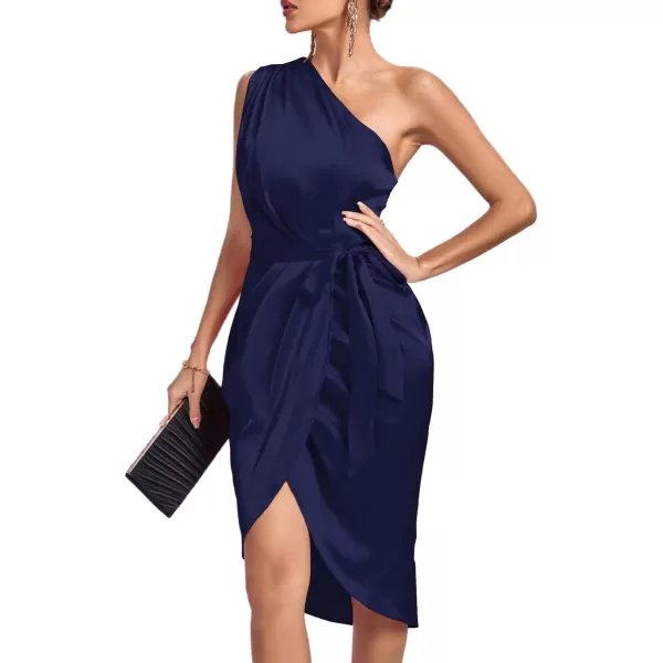 LYANER Women's Satin One Shoulder Shoulder Ruched Sleeveless Split Wrap Hem Self Belted Midi Dress