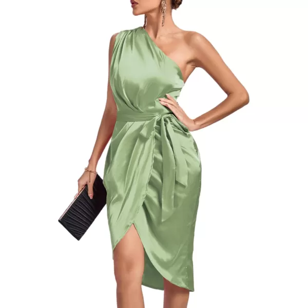 LYANER Women's Satin One Shoulder Shoulder Ruched Sleeveless Split Wrap Hem Self Belted Midi Dress