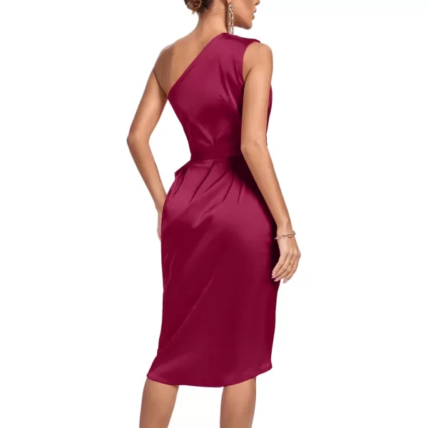 LYANER Women's Satin One Shoulder Shoulder Ruched Sleeveless Split Wrap Hem Self Belted Midi Dress