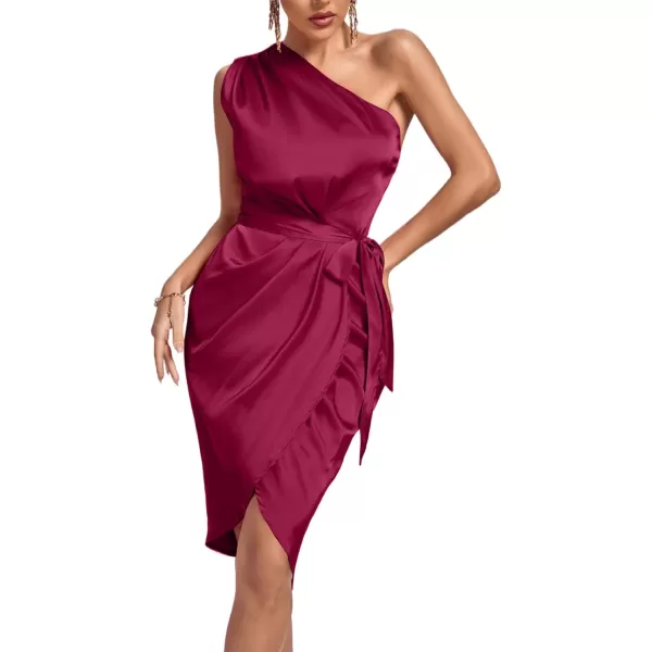 LYANER Women's Satin One Shoulder Shoulder Ruched Sleeveless Split Wrap Hem Self Belted Midi Dress