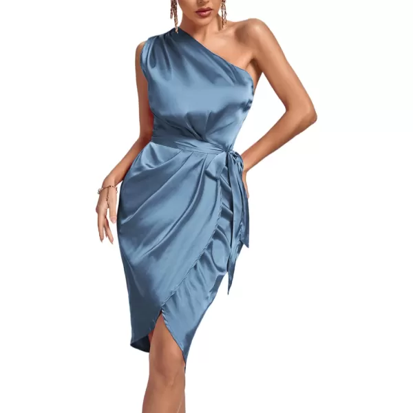 LYANER Women's Satin One Shoulder Shoulder Ruched Sleeveless Split Wrap Hem Self Belted Midi Dress