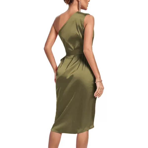 LYANER Women's Satin One Shoulder Shoulder Ruched Sleeveless Split Wrap Hem Self Belted Midi Dress