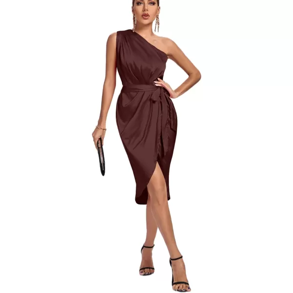 LYANER Women's Satin One Shoulder Shoulder Ruched Sleeveless Split Wrap Hem Self Belted Midi Dress