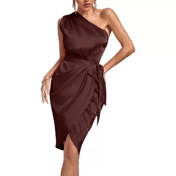 LYANER Women's Satin One Shoulder Shoulder Ruched Sleeveless Split Wrap Hem Self Belted Midi Dress