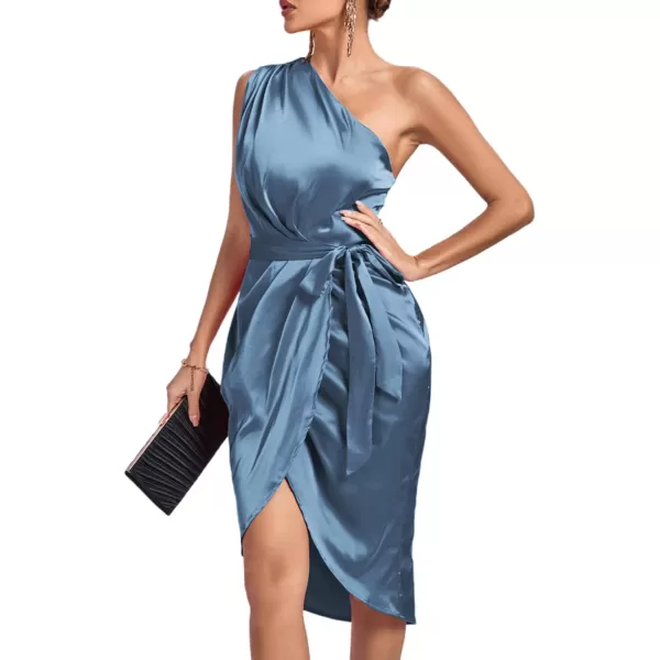 LYANER Women's Satin One Shoulder Shoulder Ruched Sleeveless Split Wrap Hem Self Belted Midi Dress
