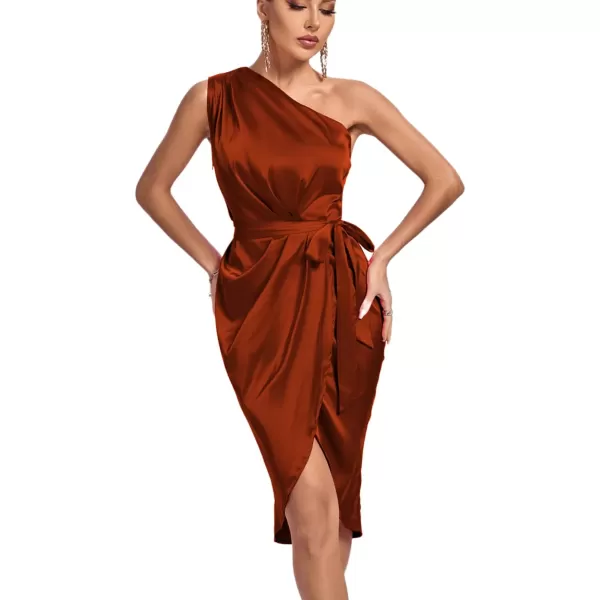 LYANER Women's Satin One Shoulder Shoulder Ruched Sleeveless Split Wrap Hem Self Belted Midi Dress
