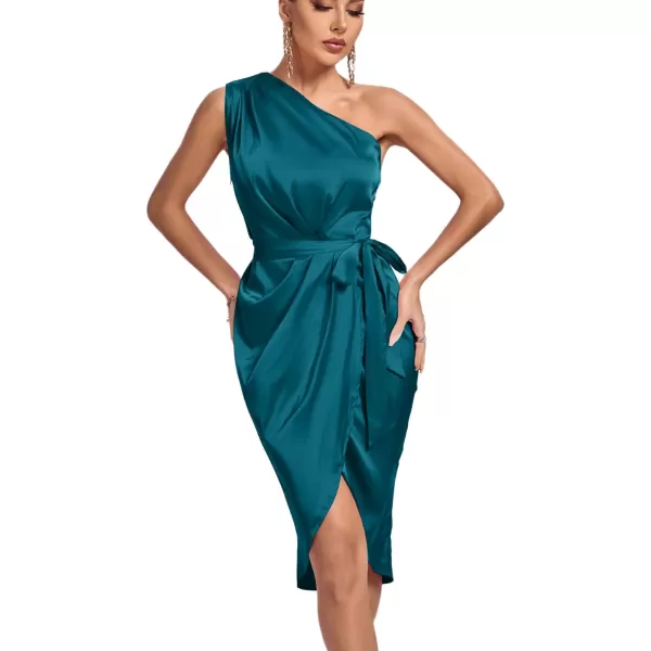 LYANER Women's Satin One Shoulder Shoulder Ruched Sleeveless Split Wrap Hem Self Belted Midi Dress