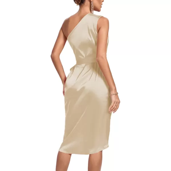 LYANER Women's Satin One Shoulder Shoulder Ruched Sleeveless Split Wrap Hem Self Belted Midi Dress