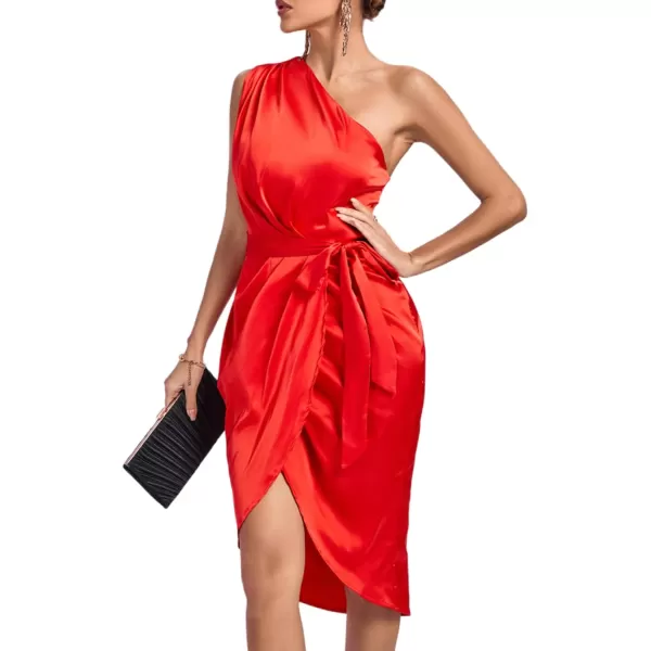 LYANER Women's Satin One Shoulder Shoulder Ruched Sleeveless Split Wrap Hem Self Belted Midi Dress