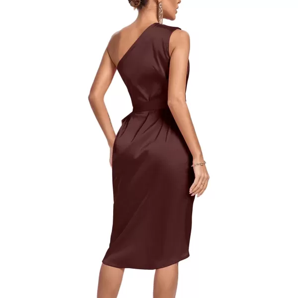 LYANER Women's Satin One Shoulder Shoulder Ruched Sleeveless Split Wrap Hem Self Belted Midi Dress