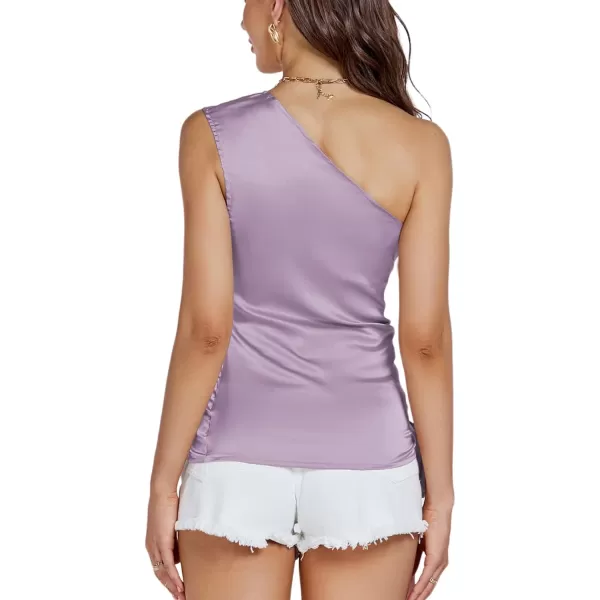 LYANER Women's Satin One Shoulder Sleeveless Bow Tie Waist Sexy Blouse Top