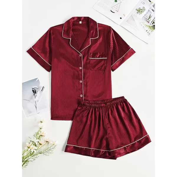 LYANER Women's Satin Pajama Set Collar V Neck Button Down Top with Shorts Striped Sleepwear