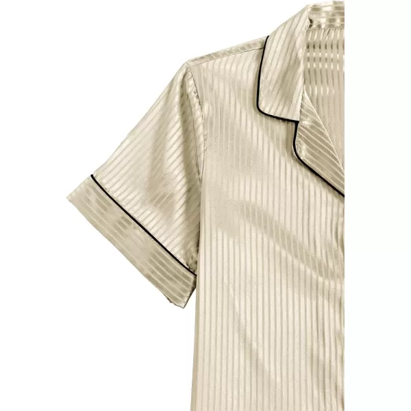LYANER Women's Satin Pajama Set Collar V Neck Button Down Top with Shorts Striped Sleepwear