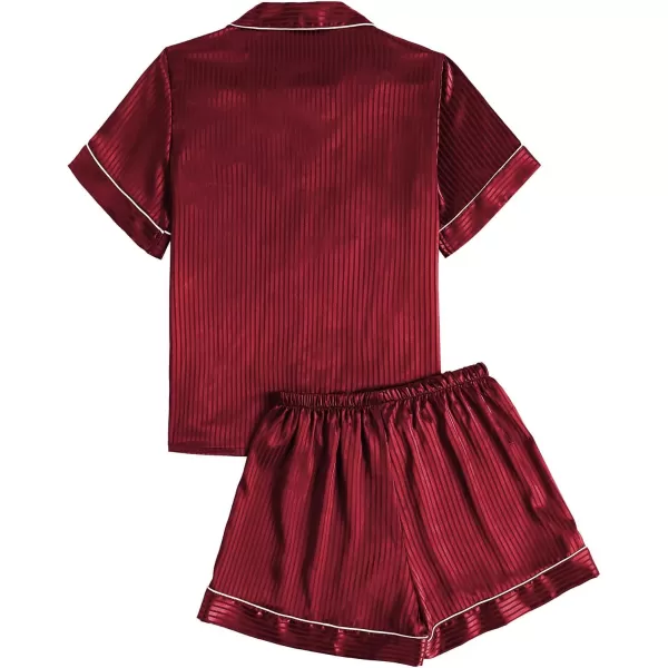 LYANER Women's Satin Pajama Set Collar V Neck Button Down Top with Shorts Striped Sleepwear