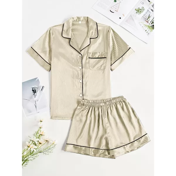 LYANER Women's Satin Pajama Set Collar V Neck Button Down Top with Shorts Striped Sleepwear