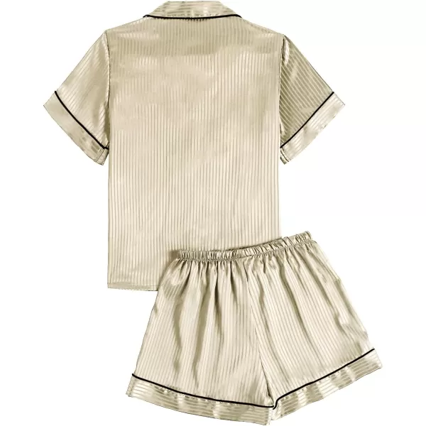 LYANER Women's Satin Pajama Set Collar V Neck Button Down Top with Shorts Striped Sleepwear