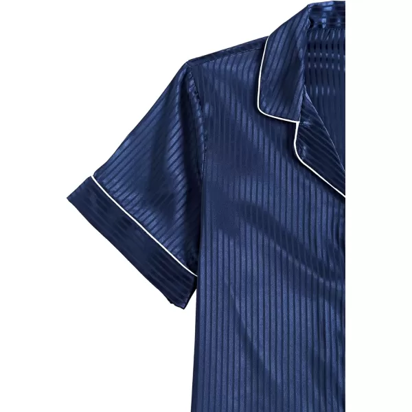 LYANER Women's Satin Pajama Set Collar V Neck Button Down Top with Shorts Striped Sleepwear
