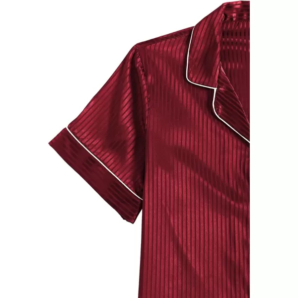LYANER Women's Satin Pajama Set Collar V Neck Button Down Top with Shorts Striped Sleepwear