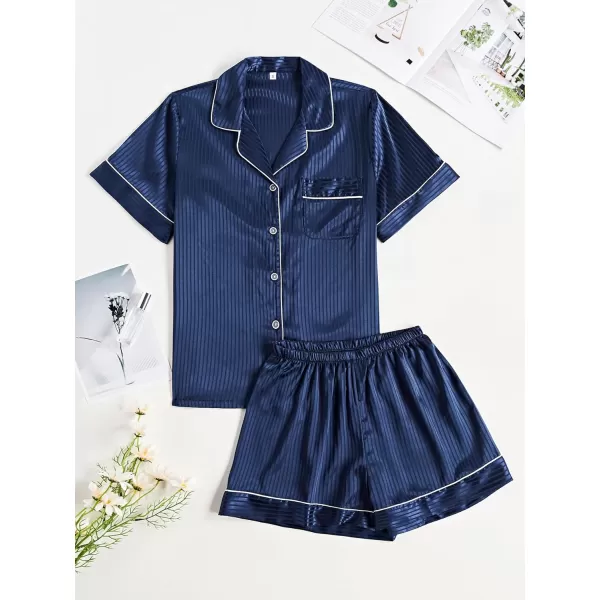 LYANER Women's Satin Pajama Set Collar V Neck Button Down Top with Shorts Striped Sleepwear