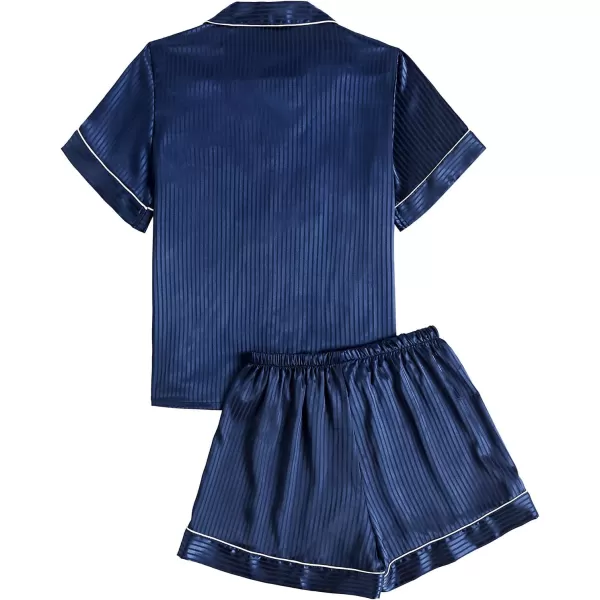 LYANER Women's Satin Pajama Set Collar V Neck Button Down Top with Shorts Striped Sleepwear