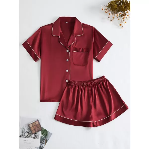 LYANER Women's Satin Pajamas Set Short Sleeve Button Shirt Silky Sleepwear With Shorts Set PJ