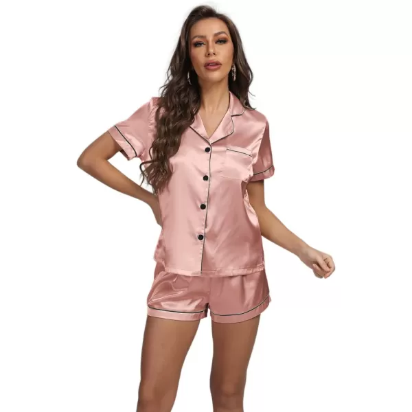 LYANER Women's Satin Pajamas Set Short Sleeve Button Shirt Silky Sleepwear With Shorts Set PJ