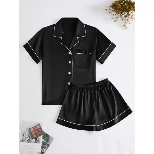 LYANER Women's Satin Pajamas Set Short Sleeve Button Shirt Silky Sleepwear With Shorts Set PJ