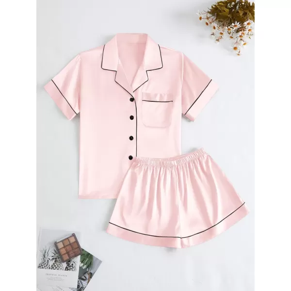 LYANER Women's Satin Pajamas Set Short Sleeve Button Shirt Silky Sleepwear With Shorts Set PJ
