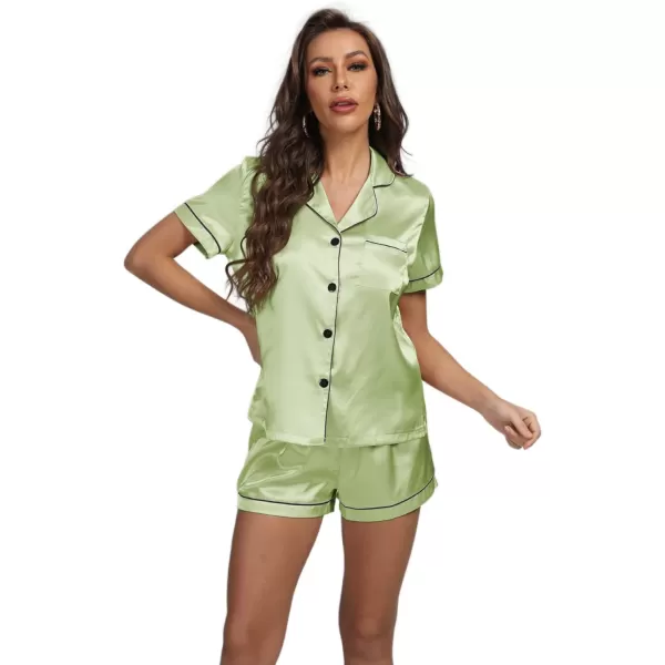 LYANER Women's Satin Pajamas Set Short Sleeve Button Shirt Silky Sleepwear With Shorts Set PJ