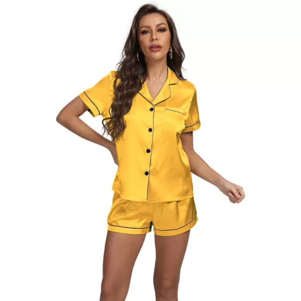 LYANER Women's Satin Pajamas Set Short Sleeve Button Shirt Silky Sleepwear With Shorts Set PJ