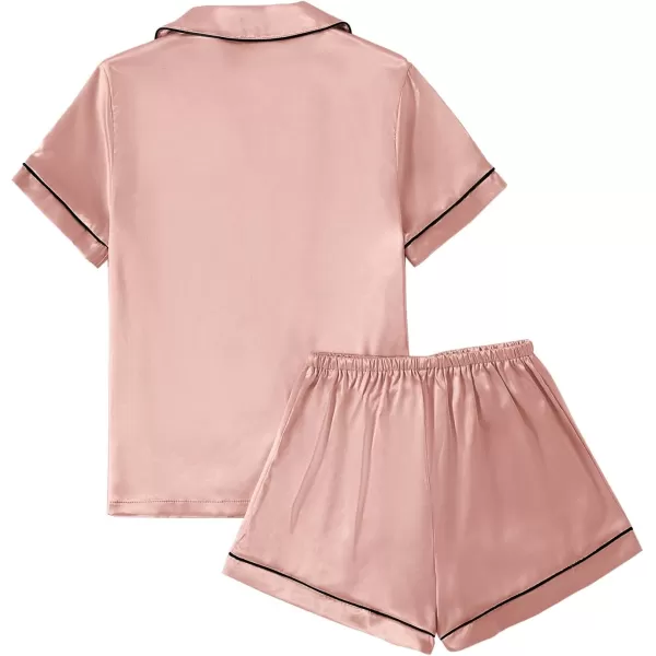 LYANER Women's Satin Pajamas Set Short Sleeve Button Shirt Silky Sleepwear With Shorts Set PJ