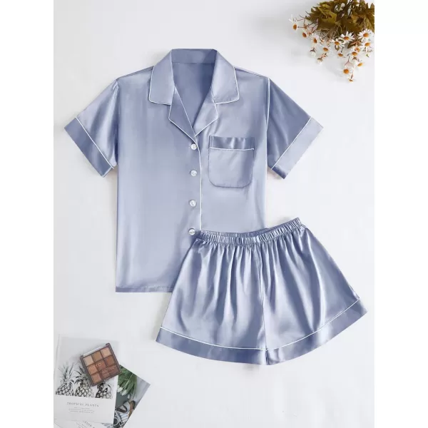 LYANER Women's Satin Pajamas Set Short Sleeve Button Shirt Silky Sleepwear With Shorts Set PJ