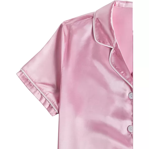 LYANER Women's Satin Pajamas Sets Short Sleeve Button Shirt Silky Sleepwear With Shorts PJs