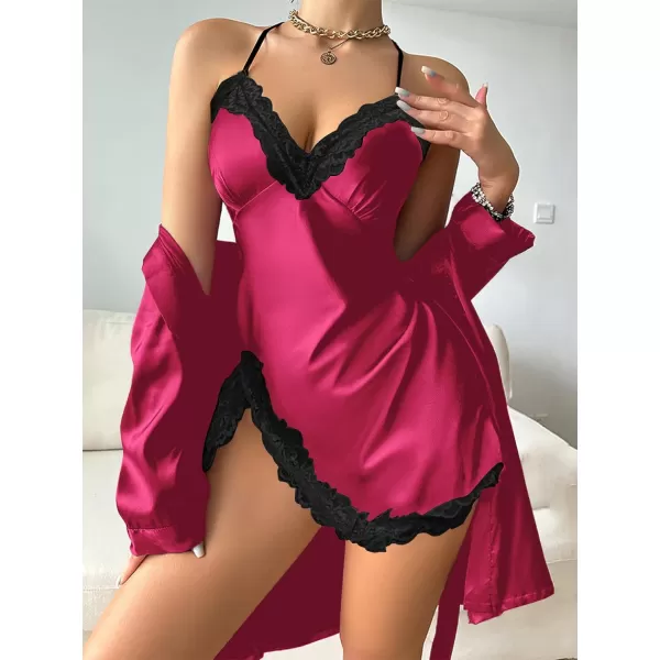 LYANER Women's Satin Robe Set Spaghetti Strap Slip Chemise With Robe 2 Pieces Silk Lingerie Sets