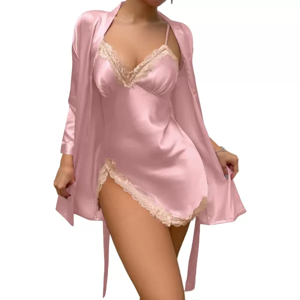 LYANER Women's Satin Robe Set Spaghetti Strap Slip Chemise With Robe 2 Pieces Silk Lingerie Sets