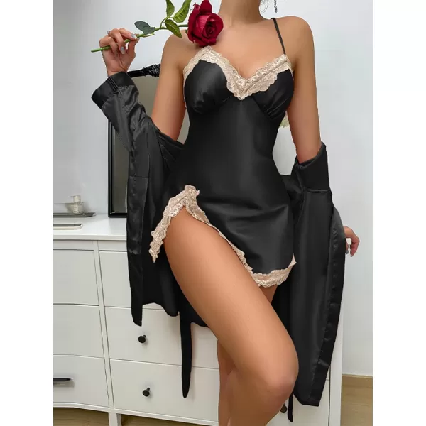 LYANER Women's Satin Robe Set Spaghetti Strap Slip Chemise With Robe 2 Pieces Silk Lingerie Sets