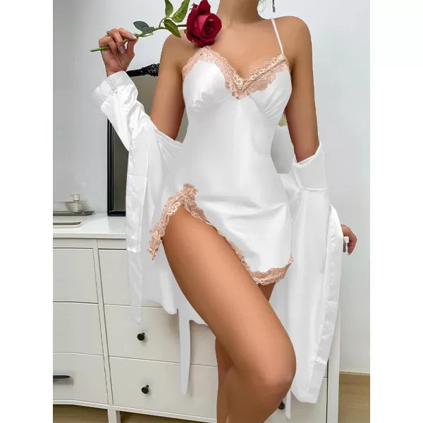 LYANER Women's Satin Robe Set Spaghetti Strap Slip Chemise With Robe 2 Pieces Silk Lingerie Sets
