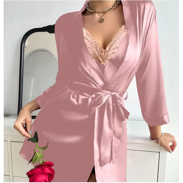 LYANER Women's Satin Robe Set Spaghetti Strap Slip Chemise With Robe 2 Pieces Silk Lingerie Sets