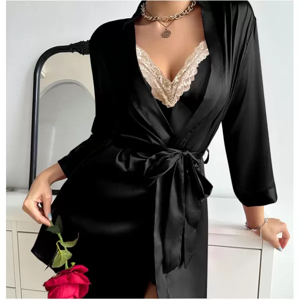 LYANER Women's Satin Robe Set Spaghetti Strap Slip Chemise With Robe 2 Pieces Silk Lingerie Sets