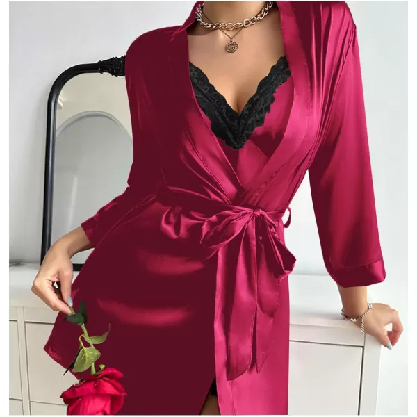 LYANER Women's Satin Robe Set Spaghetti Strap Slip Chemise With Robe 2 Pieces Silk Lingerie Sets