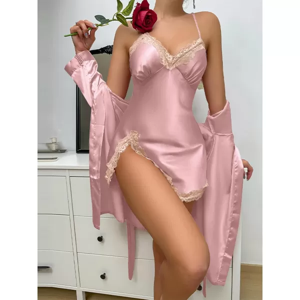 LYANER Women's Satin Robe Set Spaghetti Strap Slip Chemise With Robe 2 Pieces Silk Lingerie Sets