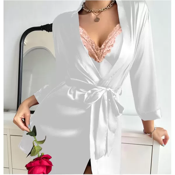 LYANER Women's Satin Robe Set Spaghetti Strap Slip Chemise With Robe 2 Pieces Silk Lingerie Sets