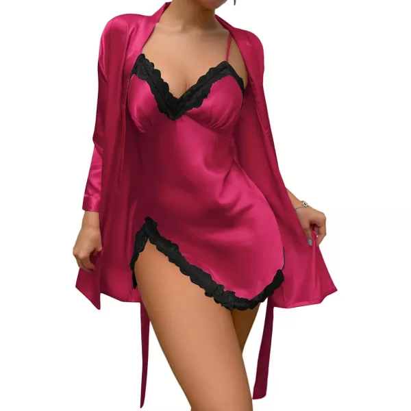 LYANER Women's Satin Robe Set Spaghetti Strap Slip Chemise With Robe 2 Pieces Silk Lingerie Sets