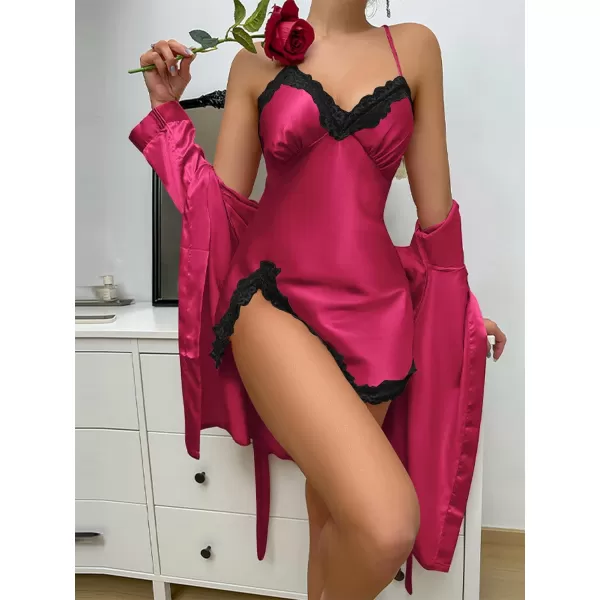 LYANER Women's Satin Robe Set Spaghetti Strap Slip Chemise With Robe 2 Pieces Silk Lingerie Sets