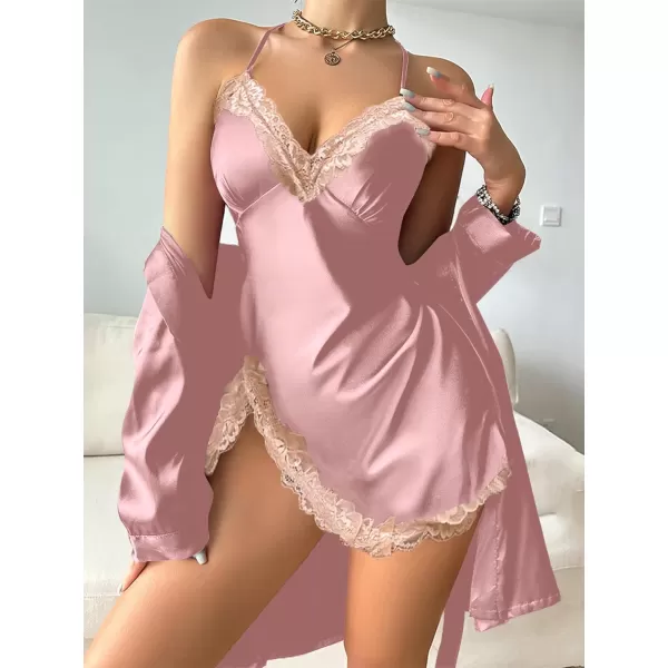 LYANER Women's Satin Robe Set Spaghetti Strap Slip Chemise With Robe 2 Pieces Silk Lingerie Sets