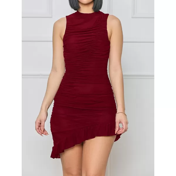 LYANER Women's Satin Ruched Asymmetric Hem Crew Neck Bodycon Sleeveless Mini Dress